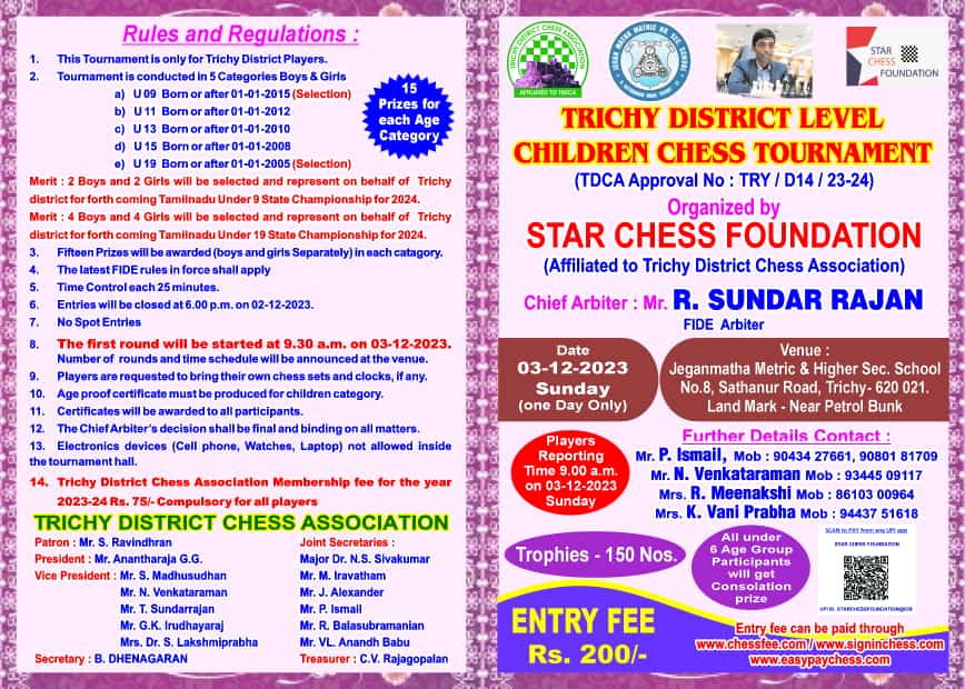 HYDERABAD ALL INDIA BELOW 1600 FIDE RATING CHESS TOURNAMENT - 2022 -  Telangana State Chess Association L